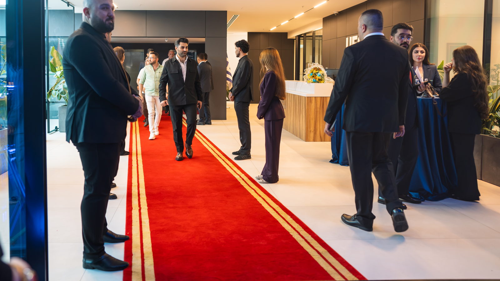 Red carpet from the lift lobby, through the floor we work on, onto the terrace